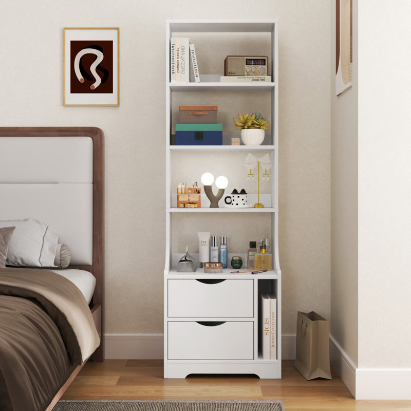 Table de chevet avec bibliothèque, table de chevet avec 2 tiroirs de rangement pour la chambre à coucher, Blanc
