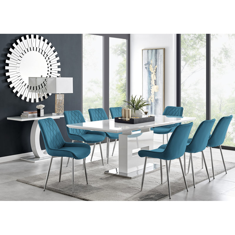 Ensemble de table de salle à manger extensible à haute brillance Areza avec chaises de luxe en velours, Bleu / Argent