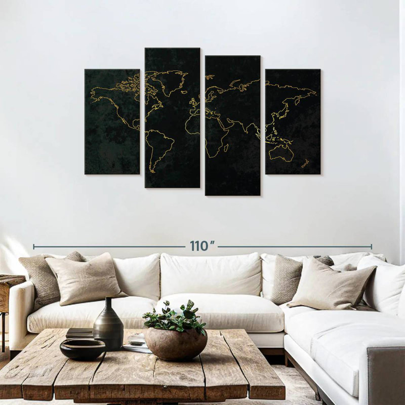 Aliaz Gold Outline World Map, 48" H x 75" W