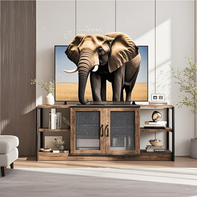 TV Stand for TV, Entertainment Center with Storage Cabinet, Industrial TV Console Cabinet with Mesh Doors