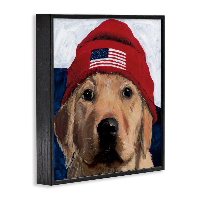American Dog in Hat, estampe numérique, design par Wani Pasion, H 12 po x l 12 po, Giclée encadrée noir minuit