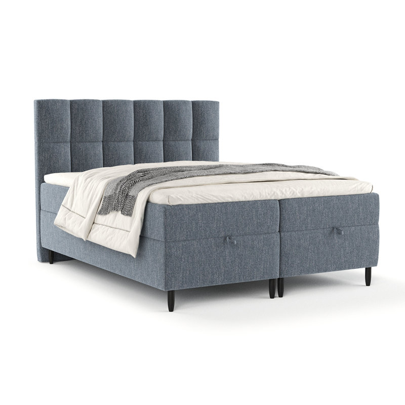Upholstered Ottoman Bed with Mattress, DE Size - 200 x 200 cm, Blue