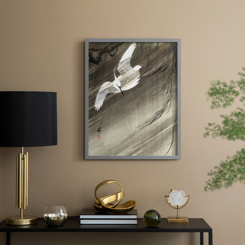 «Koson's Flying Herons II», reproduction encadrée - bois massif, H 15 po x l 12 po, Gris
