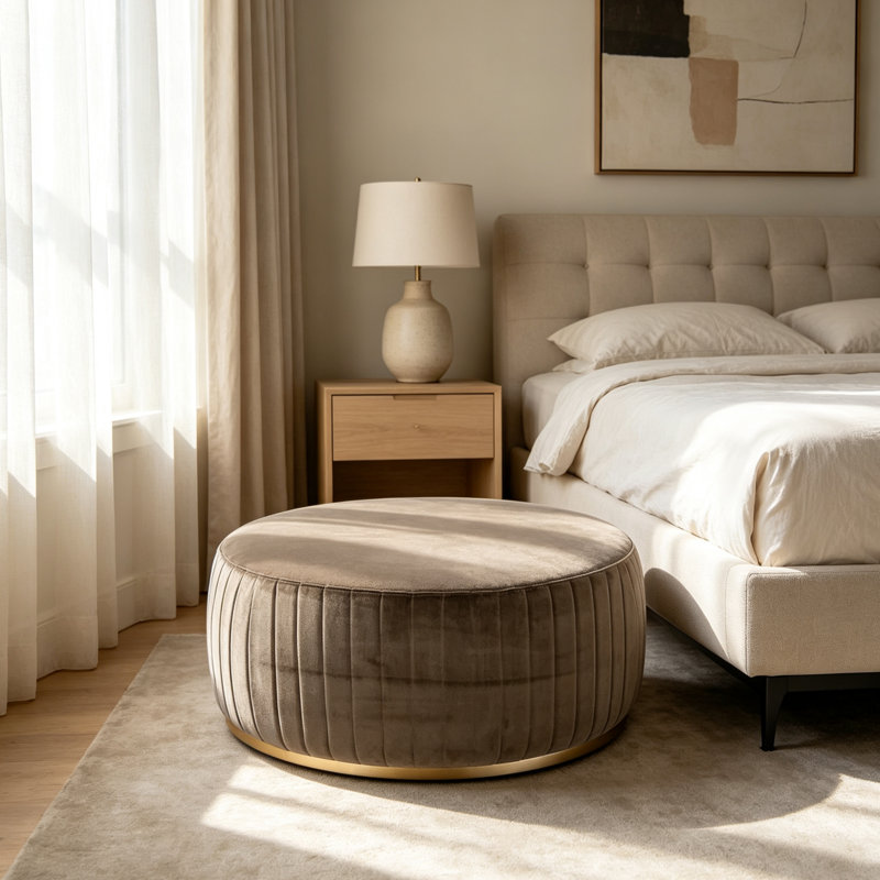 Repose-pieds rond moderne en velours de luxe avec base en métal, H 15,75 po x l 47,24 po x P 47,24 po