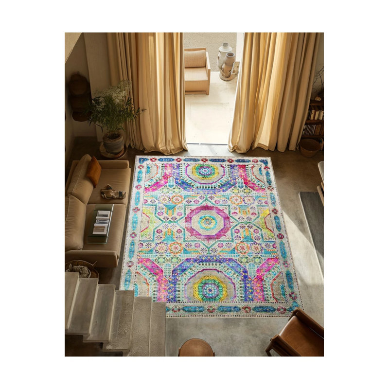 Multicolored Floral And Geometric Patterned Modern Decorative Carpet, Round 3'4"