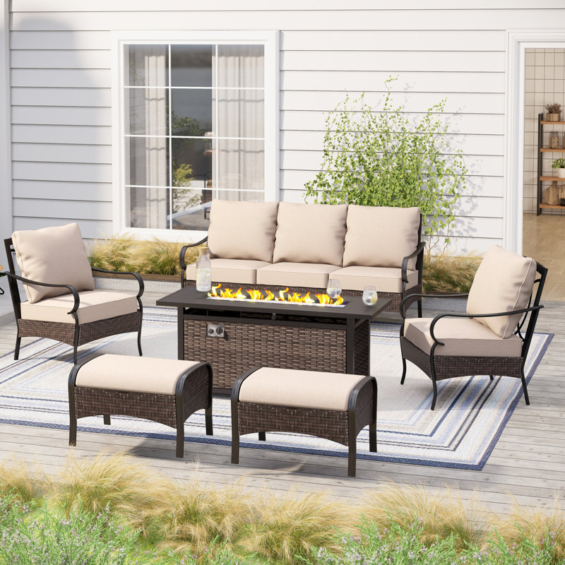 Arwand Outdoor Patio Conversation Set with Fire Pit Table & Optional Ottomans, Yes