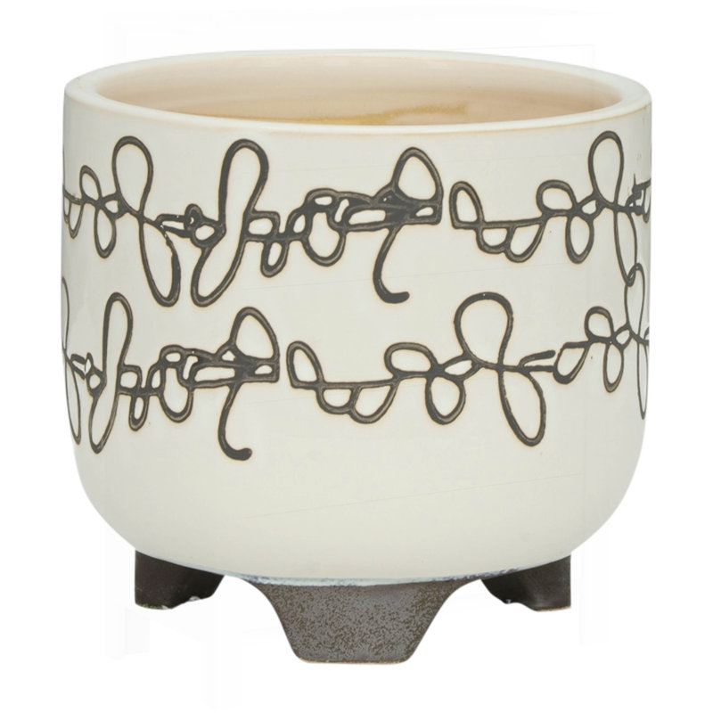 Ceramic Scribble Footed Planters, Beige - Eco-Friendly and Stylish for Indoor Plants