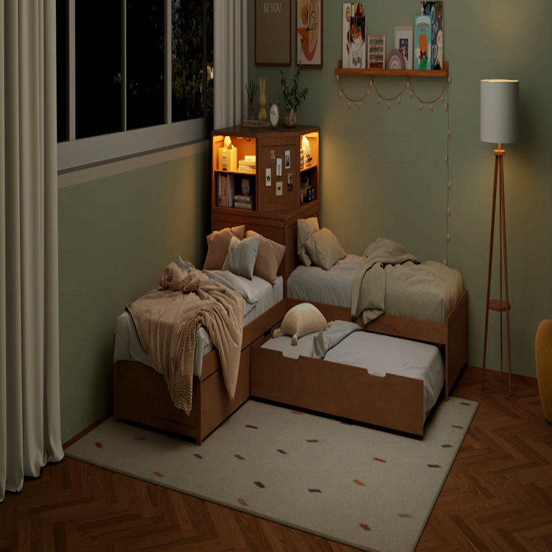 L-Shaped Combination Twin Bed Frame With Trundle And Drawer,3-In-1 Low Corner Platform Bed Linked With Built-In Desk And Led Downlight, White