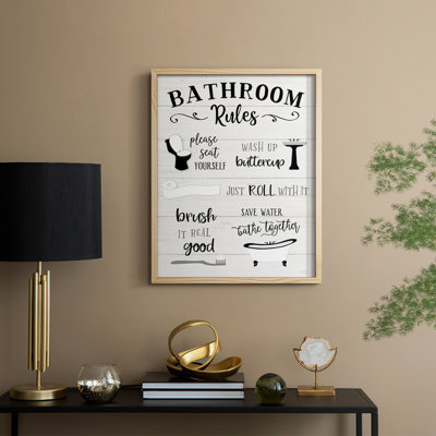 «Rules of the Bathroom», reproduction encadrée - bois massif