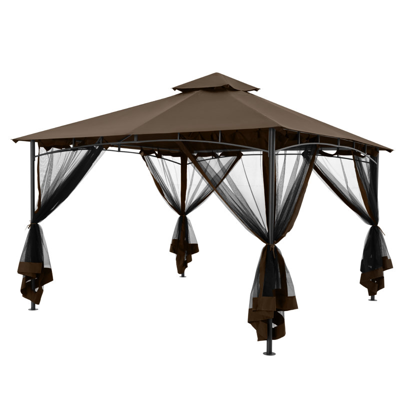 Double Roof Soft Top Metal Patio Gazebo With Netting, Brown, 118.3" H x 141.1" W x 141.1" D