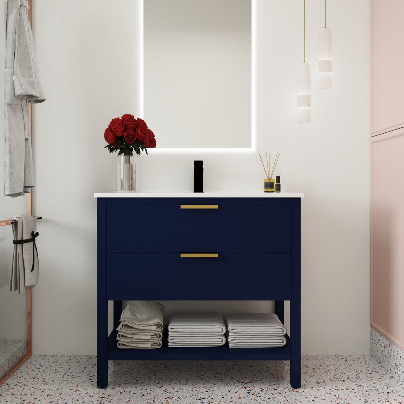 35.92'' Single Bathroom Vanity with Resin Top, Navy Blue
