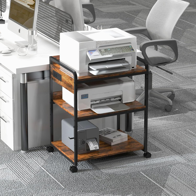 3-Tier Printer Stand With Wheels, Adjustable Shelf, Power Outlet & USB Port For Home Office