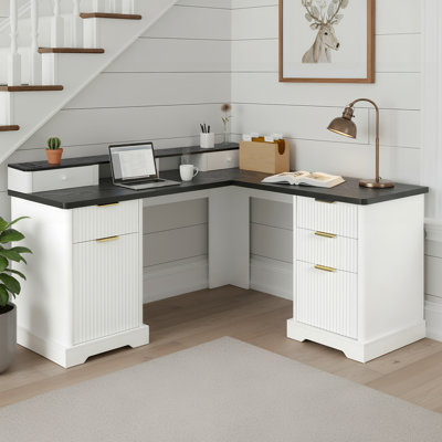 59" Modern Fluted L-Shaped Desk With Charging Station & Storage Cabinet - Home Office Computer Desk With Monitor Stand, File Drawer And Removable Support Shelf For Study, Home Office