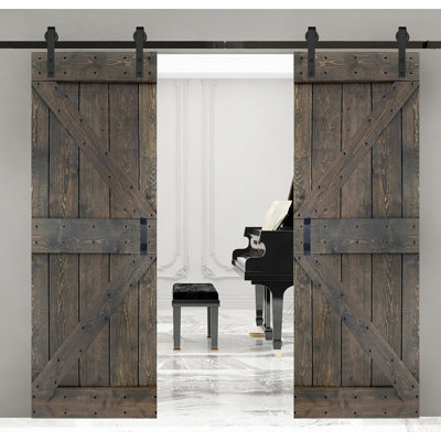 2 Sets of K Style Solid Wood Smoky Grey Sliding Barn Door with Hardware Kit -Assembly Needed