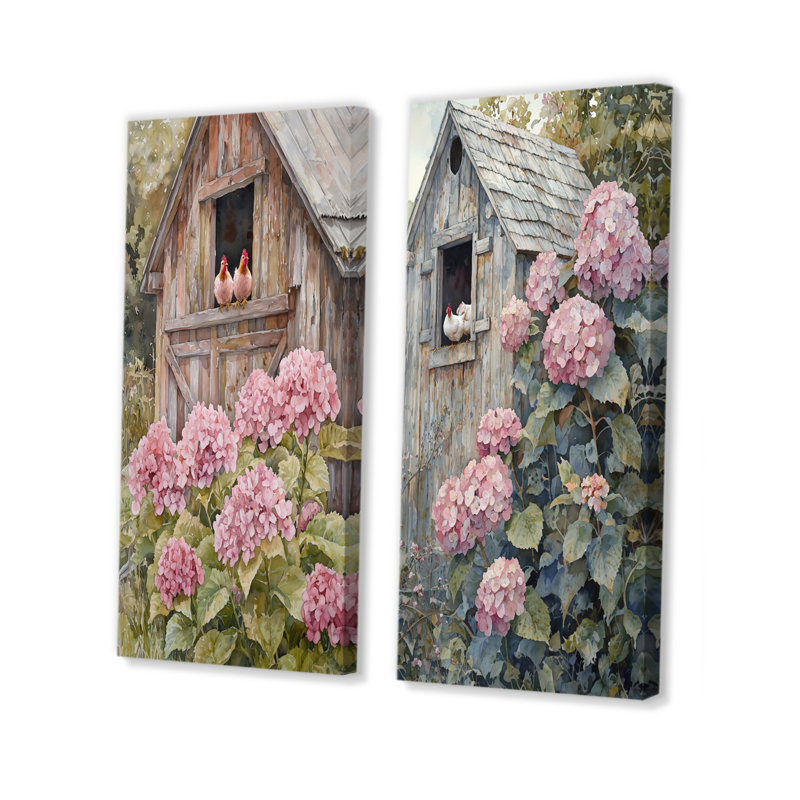Hortensias et poulets dans la cour I - Impression sur toile florale 2 panneaux, H 32 po x l 33 po, Toile tendue