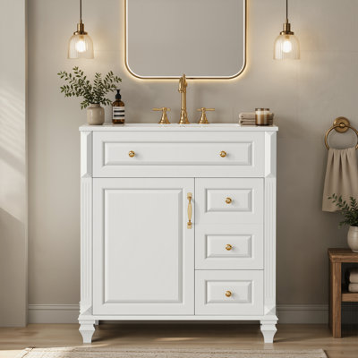 Meuble-lavabo simple 30 po avec comptoir en céramique, meuble-lavabo autoportant avec tiroir rabattable, 3 tiroirs et armoire de rangement