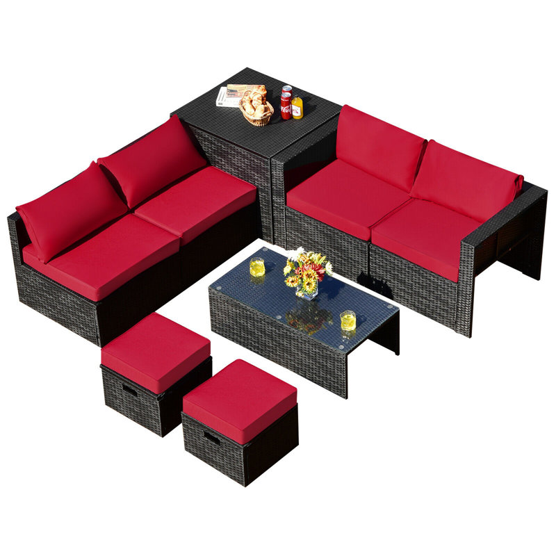 Aleshka 6 - Person Patio Conversation Set with Cushions, Black, Red