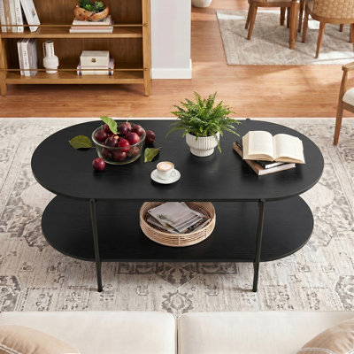 Table basse ovale à deux niveaux avec plateau de rangement industriel et plateau en bois industriel