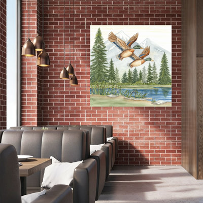 Mallard Ducks In Forest Rustic Abstract Contemporary Pine Tree Bird Duck Forest Landscape Wall Art