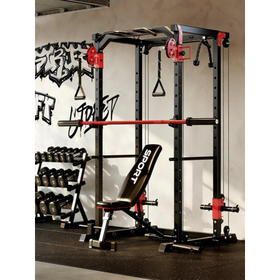 1200 LBS Multi-Functional Power Rack with Pulley System – Home Gym Squat Stand for Strength Workout, Red