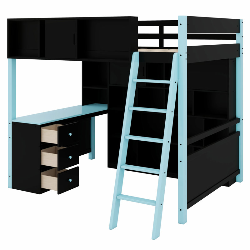Lit mezzanine en bois avec bureau, grand espace de rangement et lumière, Bleu