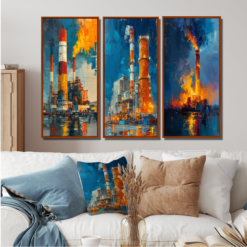Orange et bleu Energy Power Plant I - Collection de grandes impressions sur toile industrielle bleue, Brun, H 28 po x l 36 po