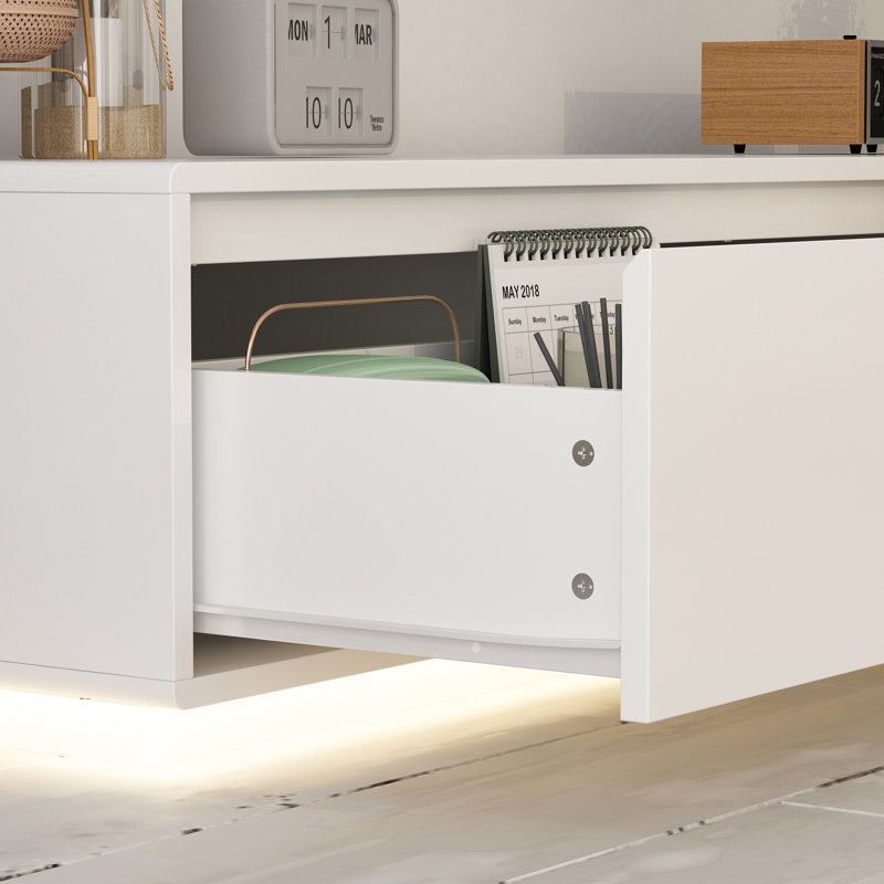 Meuble télé 4 tiroirs avec lumières réglables, Blanc