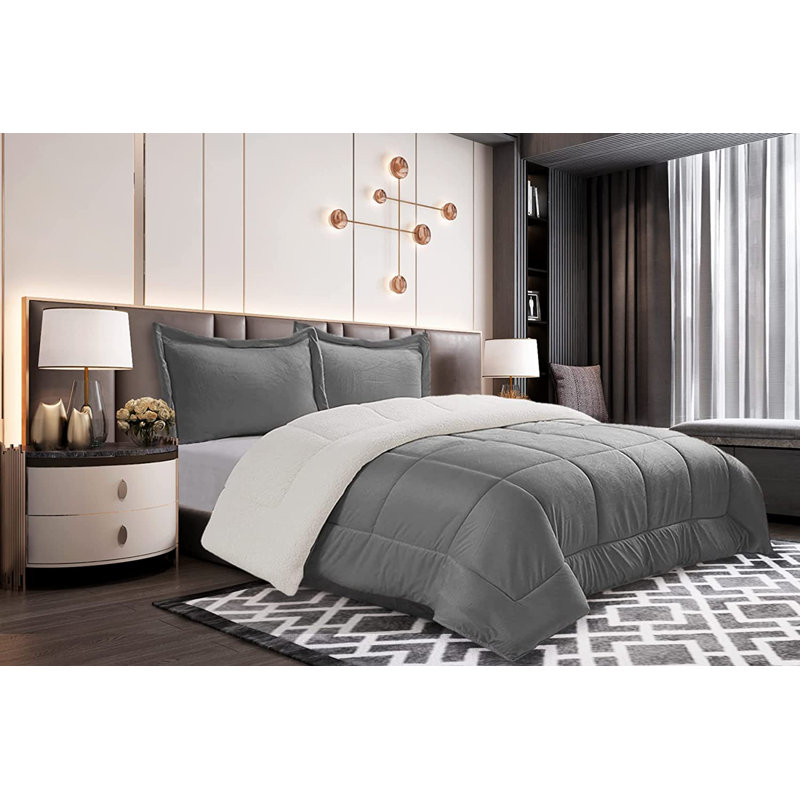 Mocassi Solid Sherpa Geometric Shapes Comforter, Gray, King Comforter + 2 King Shams