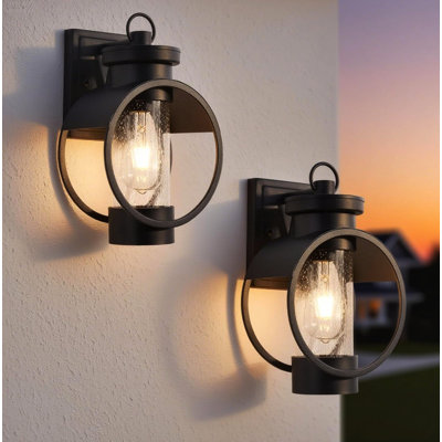 2-Pack Classic Outdoor Wall Lantern with 12-Inch Dusk to Dawn Sensor and Seeded Glass Shade, Matte Black