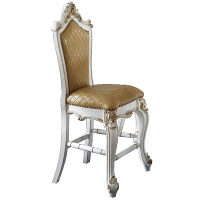 Counter Height Chairs (2), Antique Pearl Finish, Butterscotch Faux Leather, Solid Back, Footrest For Elegant Dining - 2 Pieces In Brown+white Legs And