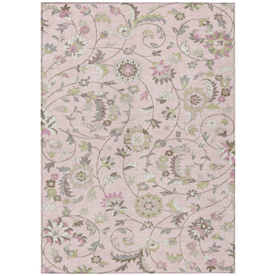 3' X 5' Pink Green And Gray Floral Washable Indoor Outdoor Area Rug