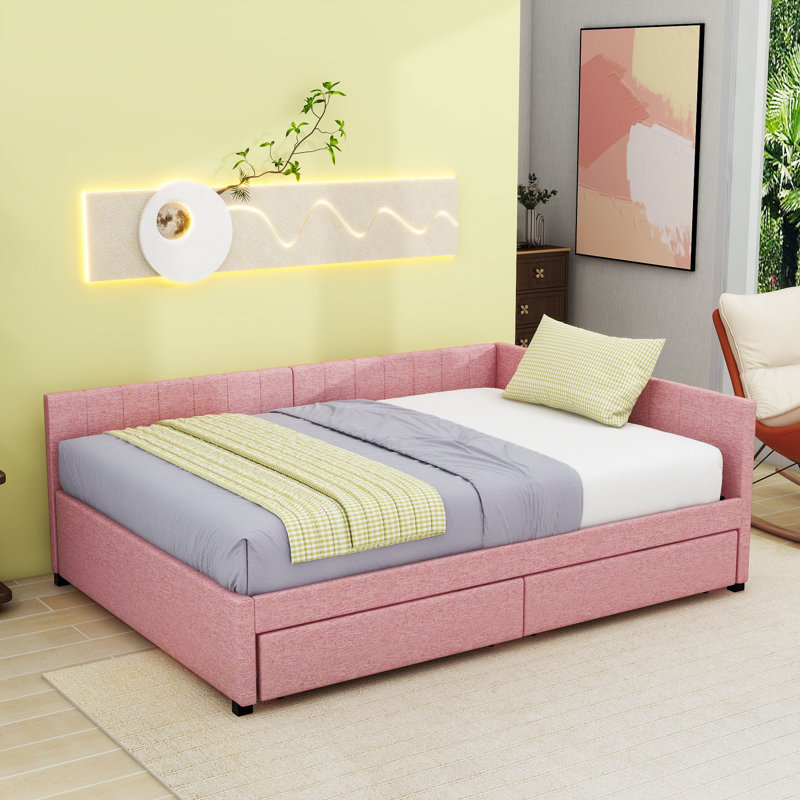 2 Drawers Full Upholstered Daybed, Semi-Closed Design, Pink