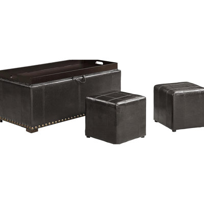 Black Leather Storage Bench With 2 Side Ottomans, Can Convert To Table, Suitable For Living Room, Nail Heads Appearance, 16" H X 39.68" W 40" D Bench, 13" 13.5" Ottomans Convertible Design,
