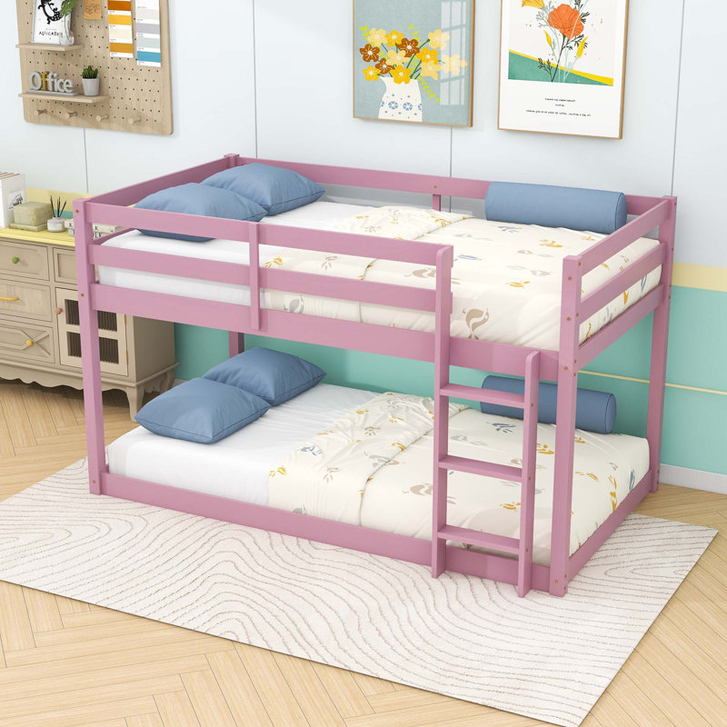 Twin Over Twin Wood Floor Bunk Bed With Strengthened Slats,  Ladder And Guardrails, Pink