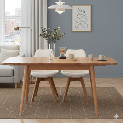 Table en chêne massif ton naturel avec coins arrondis et supports inclinés, extensible de 1,2 à 1,6 mètres, pouvant accueillir de 6 à 8 personnes, table de salle à manger en bois massif (teinte claire)