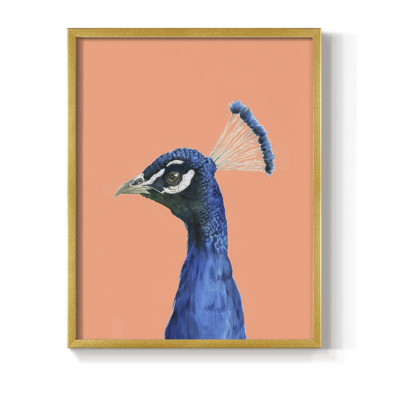 Peach Peacock Portrait II Framed Print - Solid Wood, H 15 po x l 12 po, Gold