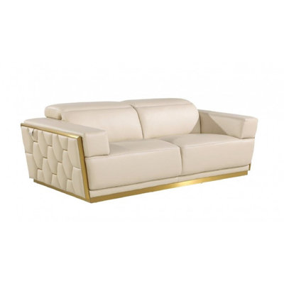 Gracie Mills 89" Beige And Gold Leather Sofa