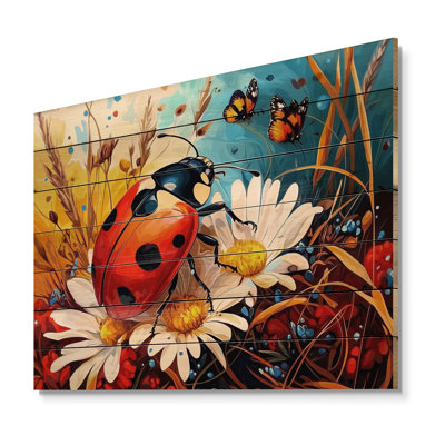 Watercolor Ladybugs Dreamy Garden III - Ladybug Wood Wall Decor On Natural Pine Wood