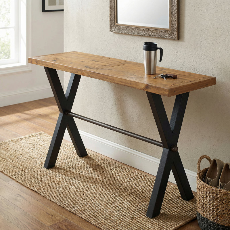 Austin Console Table, Solid Reclaimed Wood with Black Wood Legs, Honey Pine