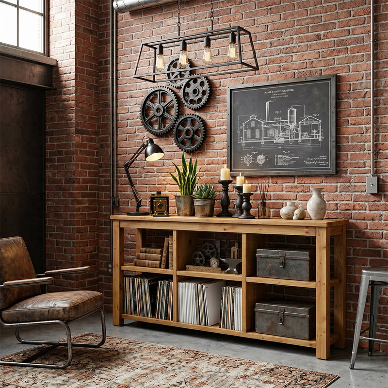 Longue console rustique, 3 tablettes de rangement réglables en bois