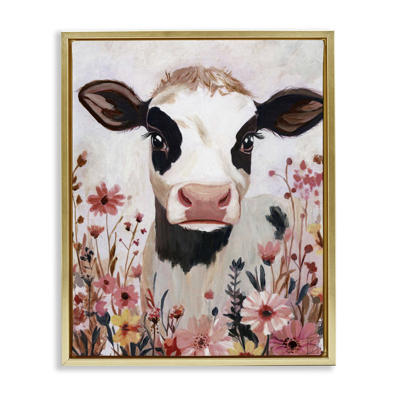 Cadre flottant vache et fleurs sauvages roses, design par Sara Culpepper, H 21 po x l 17 po, Cadre flottant métallique doré