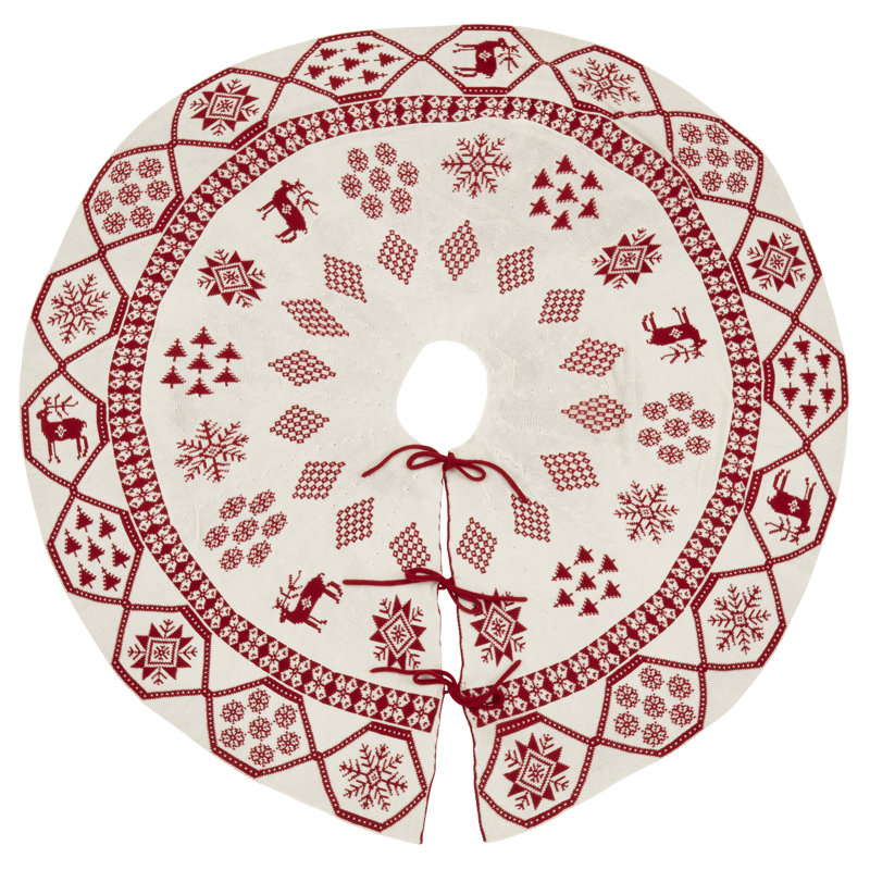 Red and White Knit Christmas Tree Skirt with Festive Patterns