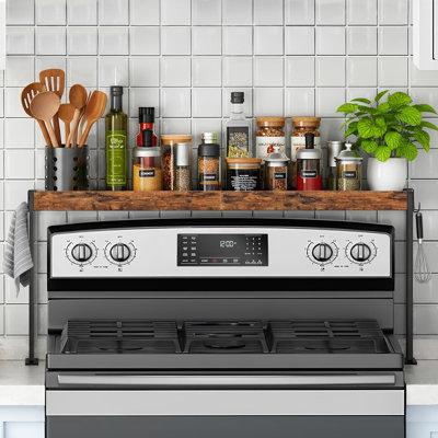 Spice Rack Shelf for Kitchen Stove, Over the Stove Shelf with 4 Level Adjustable Height, Over Stove Spice Rack with 4 hooks, (Rustic Brown + Black)