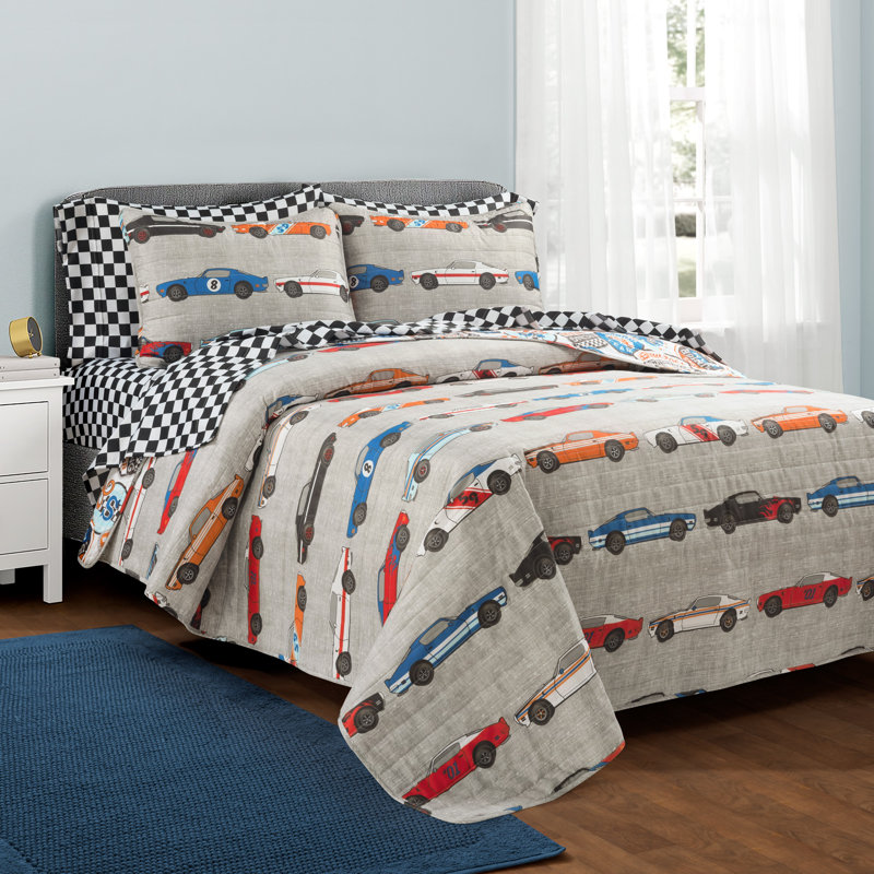 Lush Decor Race Cars Bed in a Bag Reversible Quilt Set with Bed Sheets, Twin