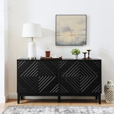 60.5'' Buffet Cabinet With Storage, Farmhouse Fluted Sideboard With Geometric Pattern & Adjustable Shelves, Mid Century Modern TV Stand For Living Room Kitchen Dining Room Entryway, Black, Sideboard