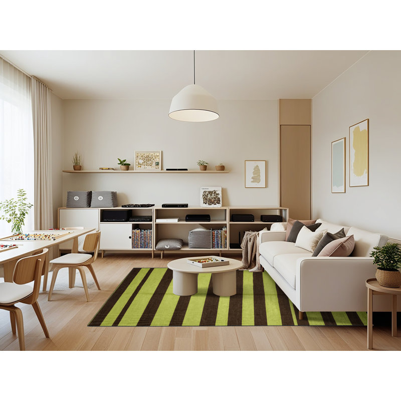 Tapis brun à rayures horizontales lavable à la machine, Rectangle 7 pi x 9 pi