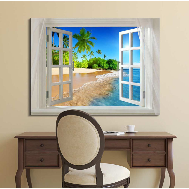 «Serene Coastal Nautical Palm Tree And Beach Open Window» sur toile, H 32 po x l 48 po