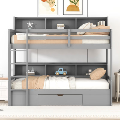 Twin Size Bunk Bed With Built-in Storage And Shelf - Modern Bedroom Style Design