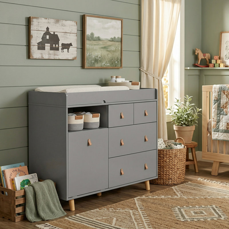 Commode à langer avec 4 tiroirs Stroman, Gris
