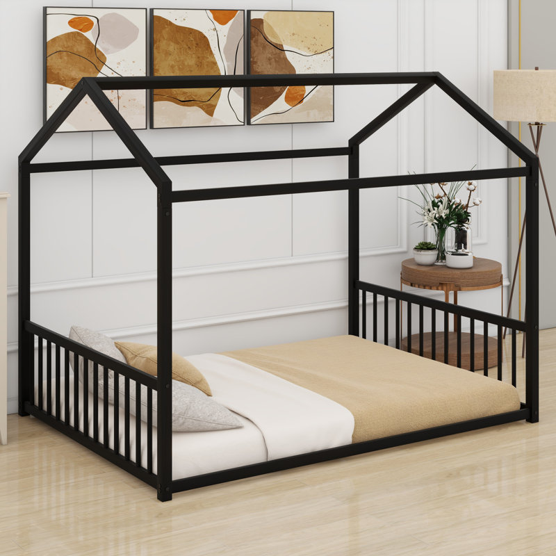 Metal House-Shaped Montessori Frame With Vertical Safety Rails​, Black